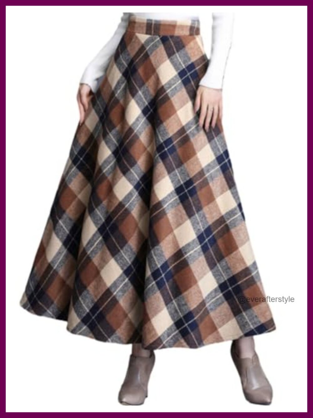 Women's Wool Blend Plaid A-Line Maxi Skirt Elastic Waist Pockets